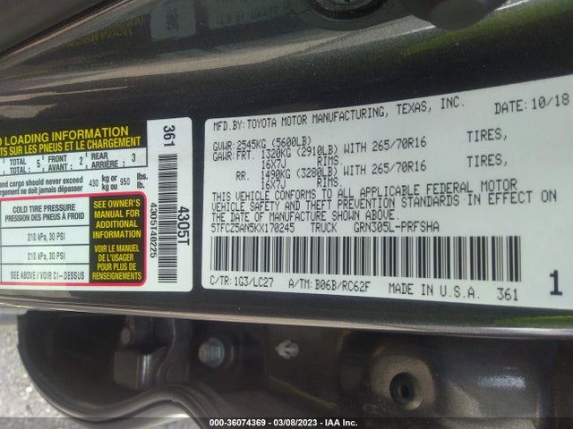 2019 TOYOTA TACOMA 4WD SR/SR5/TRD SPORT VIN: 5TFCZ5AN5KX170245
