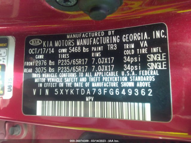 5XYKTDA73FG649362 KIA SORENTO LX