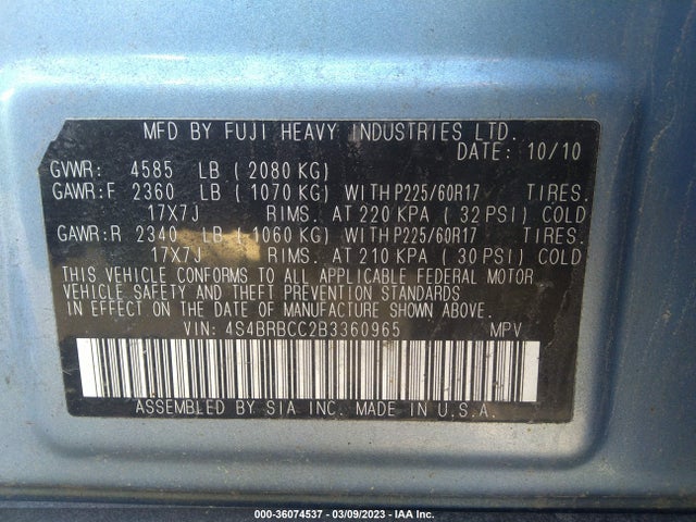 4S4BRBCC2B3360965 Subaru Outback 2.5i Prem Awp