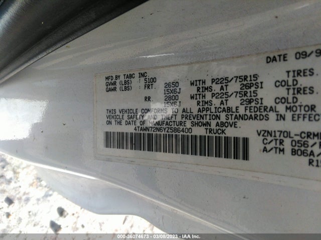 2000 TOYOTA TACOMA VIN: 4TAWN72N6YZ586400