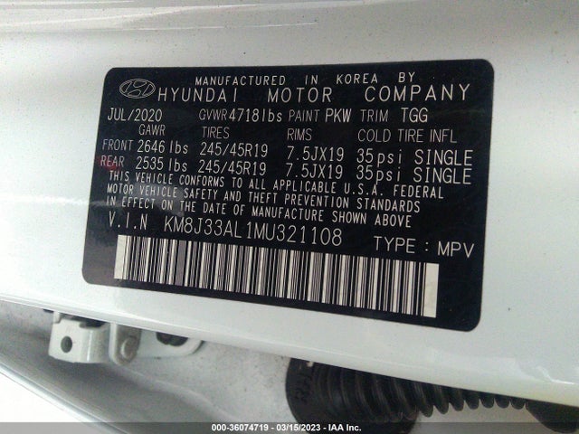 2021 HYUNDAI TUCSON SPORT VIN: KM8J33AL1MU321108
