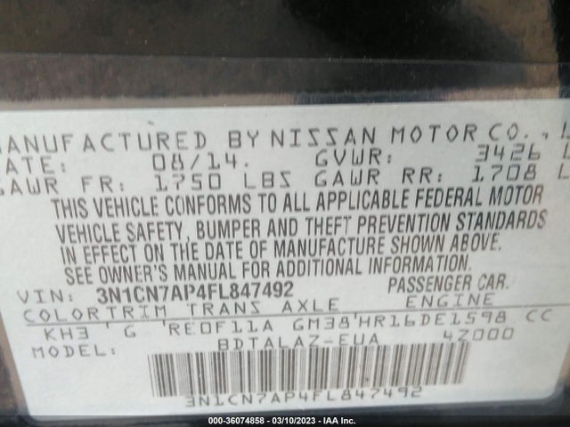 2015 Nissan Versa, VIN: 3N1CN7AP4FL847492