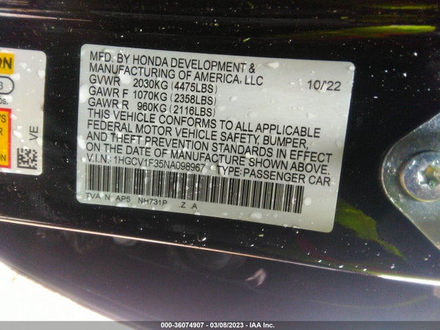 2022 Honda Accord, VIN: 1HGCV1F35NA098967