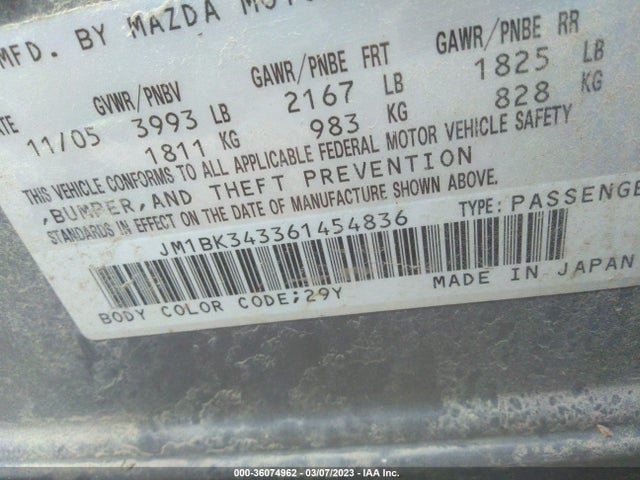 2006 MAZDA MAZDA3 S TOURING VIN: JM1BK343361454836