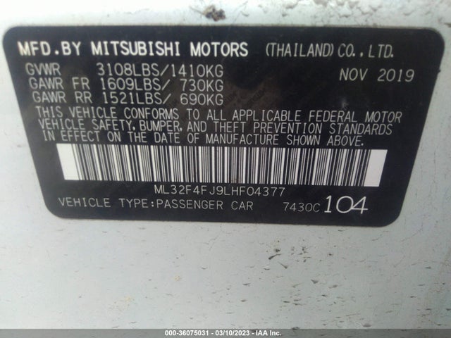 2020 MITSUBISHI MIRAGE G4 SE/LE VIN: ML32F4FJ9LHF04377