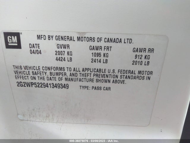 2004 PONTIAC GRAND PRIX GT1 VIN: 2G2WP522941349349
