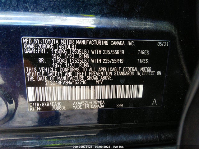 2021 Toyota RAV4, VIN: 2T3C1RFV3MW153216