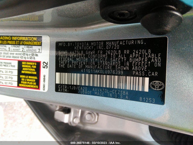 Toyota CAMRY SE 2020 4T1G11AK0LU976399 Image 9