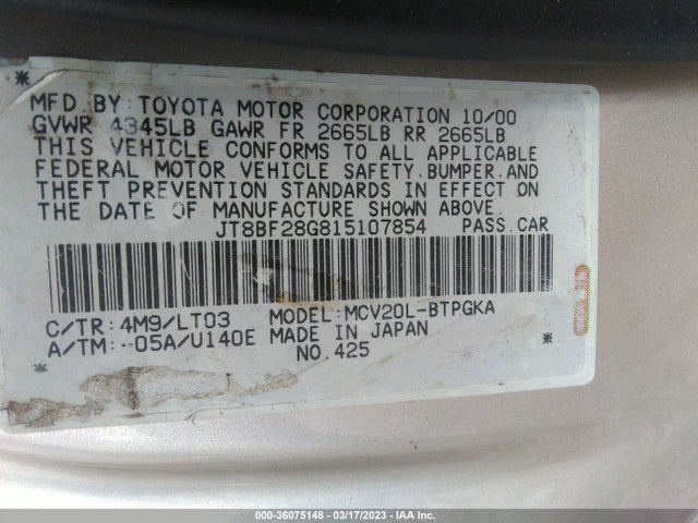 2001 LEXUS ES 300 VIN: JT8BF28G815107854