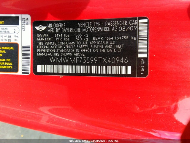 WMWMF73599TX40946 Mini Cooper Hardtop S