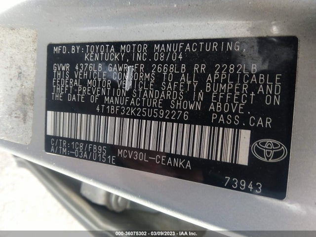2005 TOYOTA CAMRY LE/XLE VIN: 4T1BF32K25U592276