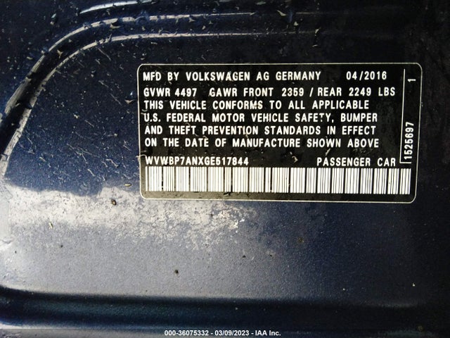 2016 Volkswagen CC, VIN: WVWBP7ANXGE517844