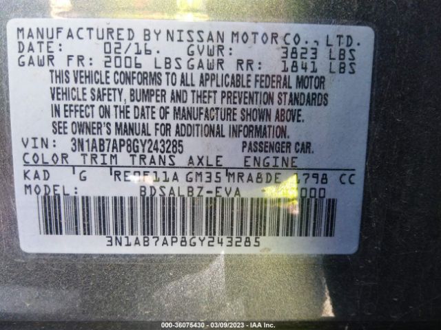 3N1AB7AP8GY243285 Nissan SENTRA S