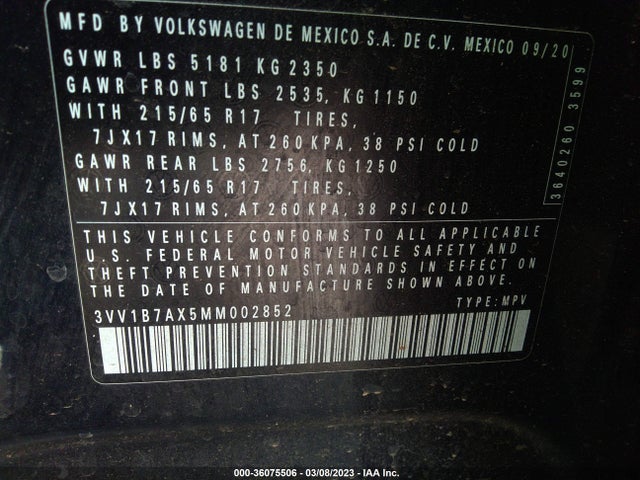3VV1B7AX5MM002852 Volkswagen TIGUAN S