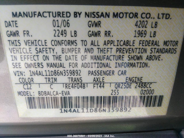 2006 NISSAN ALTIMA 2.5 VIN: 1N4AL11D86N359892