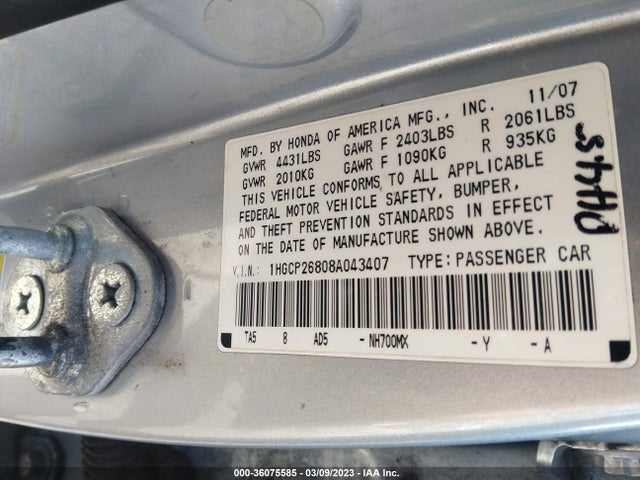 2008 HONDA ACCORD SDN EX-L VIN: 1HGCP26808A043407