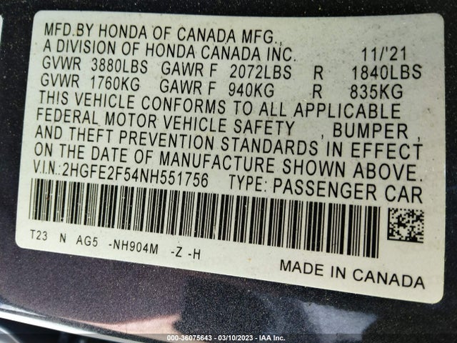 2022 HONDA CIVIC SEDAN SPORT VIN: 2HGFE2F54NH551756