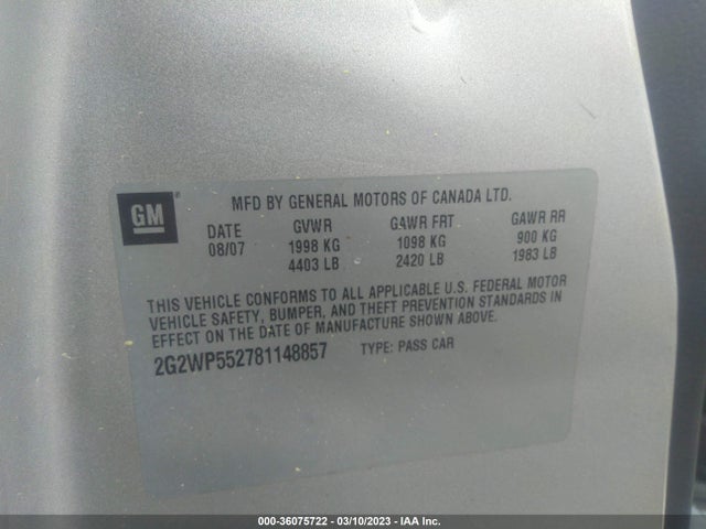 2008 PONTIAC GRAND PRIX VIN: 2G2WP552781148857