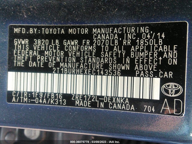 Toyota Corolla L/le/s/s Plus/le Plus 2014 2T1BURHEXEC143536 Image 11