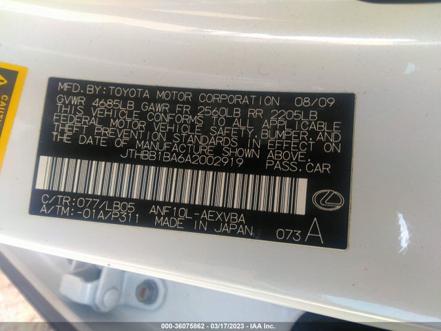 2010 LEXUS HS 250H VIN: JTHBB1BA6A2002919