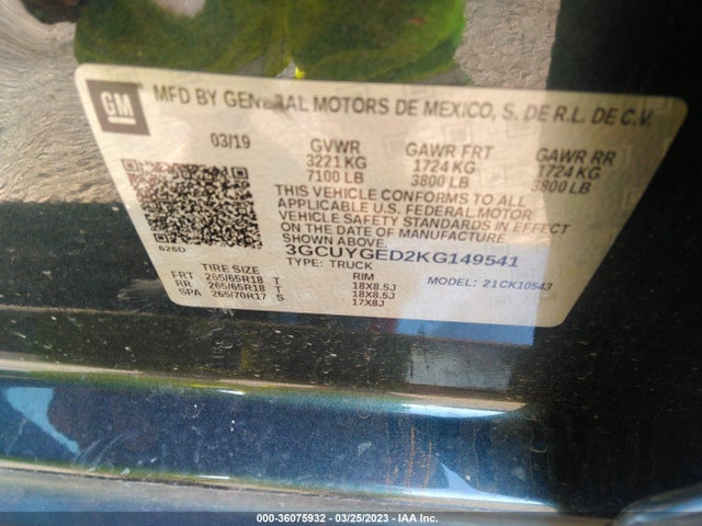2019 CHEVROLET SILVERADO 1500 LTZ VIN: 3GCUYGED2KG149541