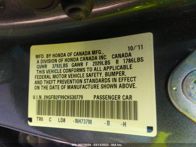 2012 HONDA CIVIC SDN EX-L VIN: 2HGFB2F99CH530779