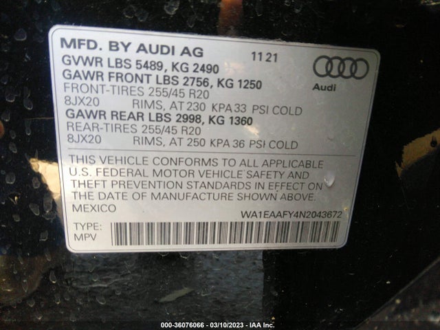 WA1EAAFY4N2043672 Audi Q5 S Line Premium Plus