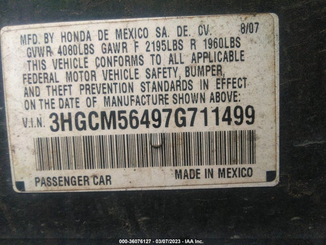 2007 HONDA ACCORD SDN LX VIN: 3HGCM56497G711499