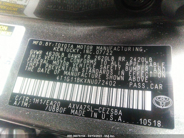 Toyota CAMRY SE 2022 4T1G11BKXNU072402 Image 11