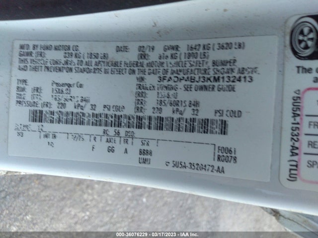 2019 FORD FIESTA SE VIN: 3FADP4BJ3KM132413
