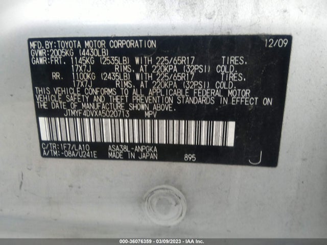 2010 TOYOTA RAV4 LTD VIN: JTMYF4DVXA5020713