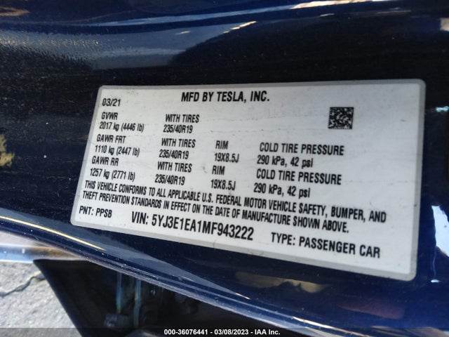 Tesla Model 3 Standard Range Plus 2021 5YJ3E1EA1MF943222 Image 10