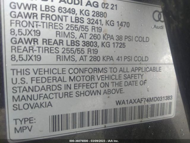 WA1AXAF74MD031383 Audi Q7 Premium 55 Tfsi Quattro Tiptronic