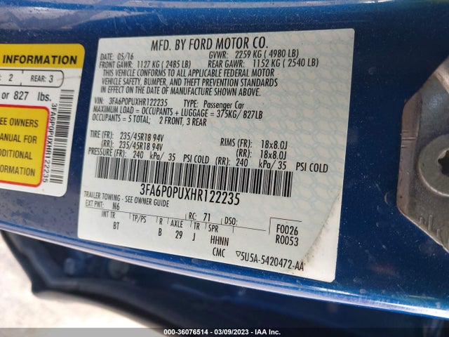 2017 Ford Fusion, VIN: 3FA6P0PUXHR122235