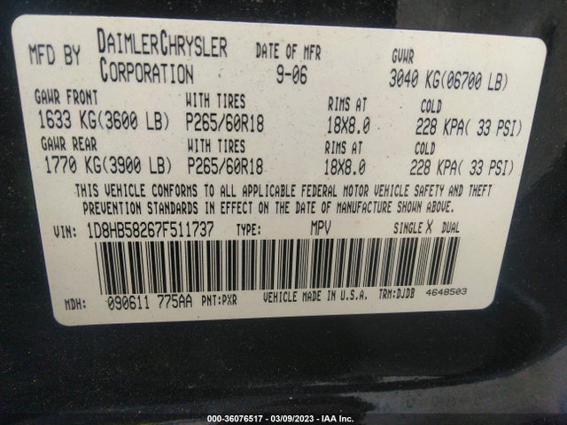Dodge DURANGO LIMITED 2007 1D8HB58267F511737 Image 10