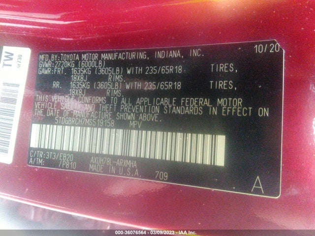 2021 Toyota Highlander, VIN: 5TDGBRCH7MS519158