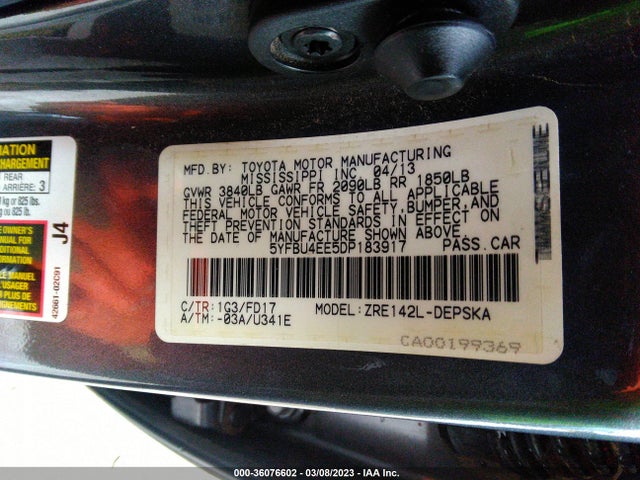 2013 TOYOTA COROLLA L/LE/S VIN: 5YFBU4EE5DP183917