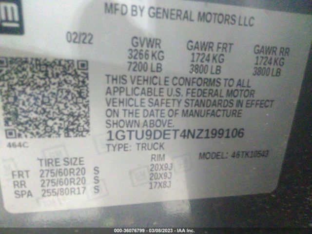 1GTU9DET4NZ199106 GMC Sierra 1500 Limited Slt