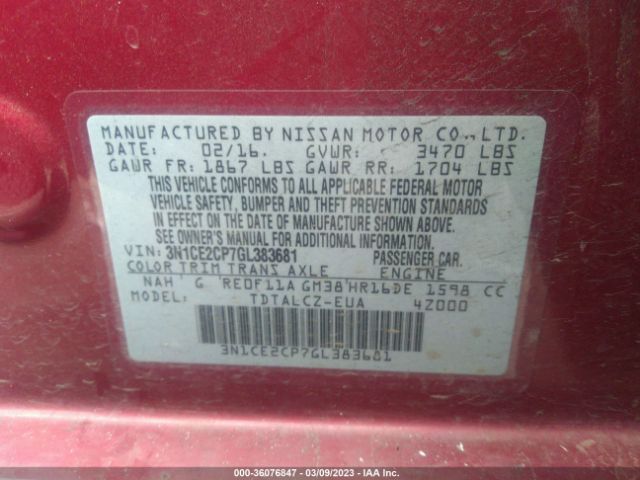 3N1CE2CP7GL383681 Nissan Versa Note S/s Plus/sv/sr/sl