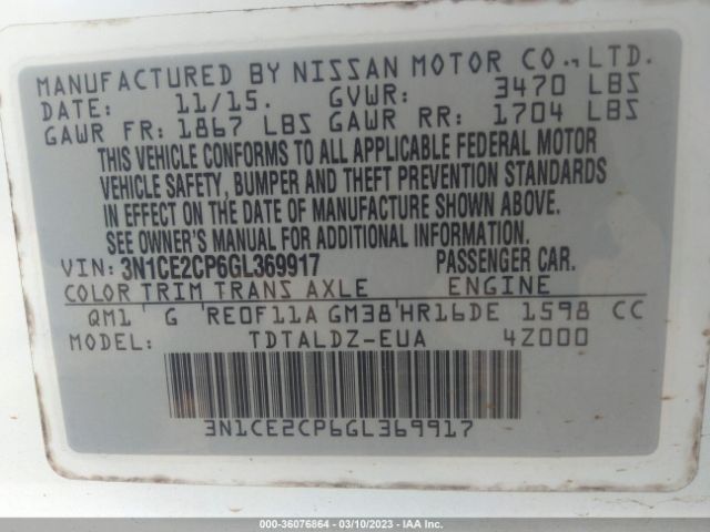 3N1CE2CP6GL369917 Nissan Versa Note S/s Plus/sv/sr/sl