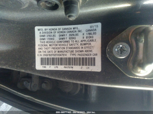 Honda Civic Sedan Ex-l 2015 2HGFB2F92FH547914 Image 9