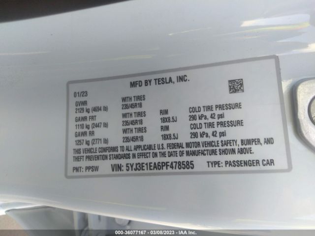 5YJ3E1EA6PF478585 Tesla MODEL 3