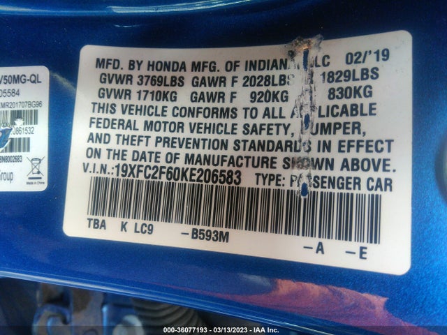Honda Civic Sedan Lx 2019 19XFC2F60KE206583 Image 10