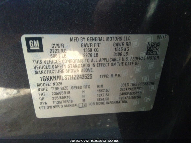 GMC ACADIA SLT 2017 1GKKNMLS7HZ243525 Image 9