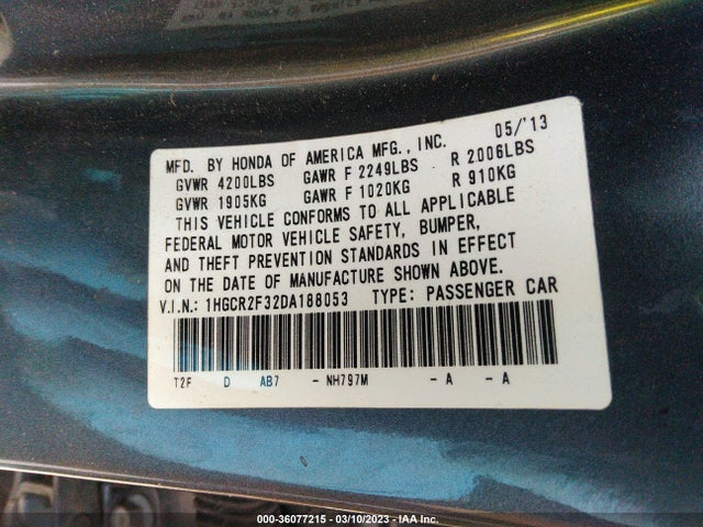2013 HONDA ACCORD SDN LX VIN: 1HGCR2F32DA188053