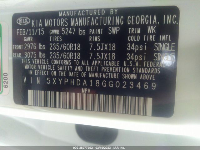 5XYPHDA18GG023469 KIA SORENTO EX