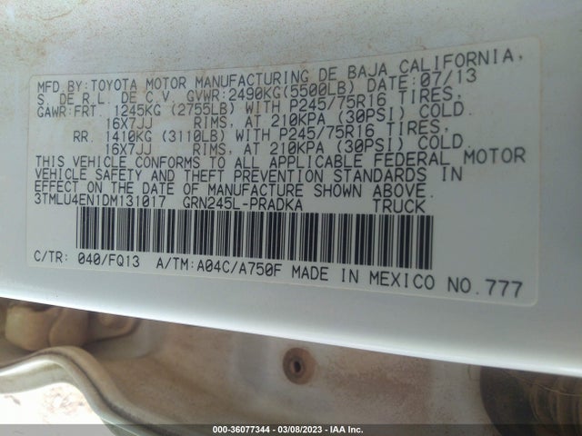 2013 TOYOTA TACOMA VIN: 3TMLU4EN1DM131017