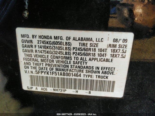 2010 HONDA RIDGELINE RTL VIN: 5FPYK1F51AB001464