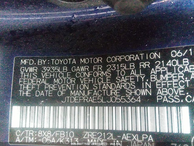 2020 TOYOTA COROLLA LE VIN: JTDEPRAE5LJ055364
