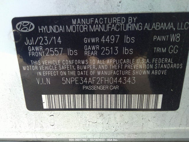 2015 HYUNDAI SONATA 2.4L LIMITED VIN: 5NPE34AF2FH044343